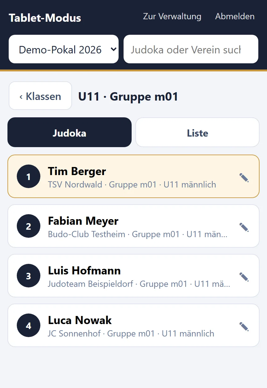 JKL Turnierverwaltung: Tabletmodus: Judoka