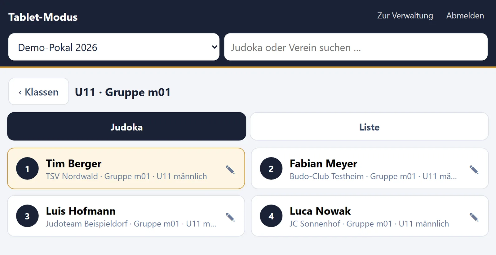 JKL Turnierverwaltung: Tabletmodus auf dem Tablet